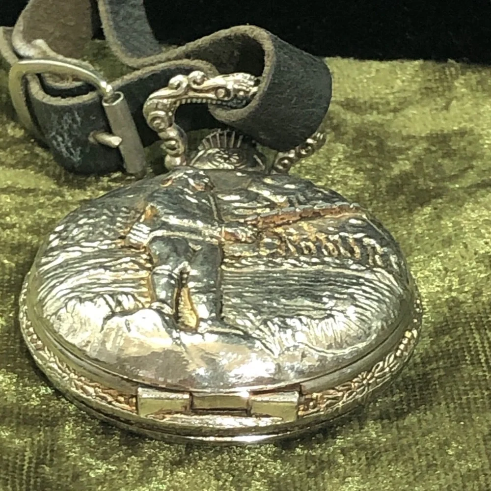 Silver-Tone Pocket Watch with Black Leather Strap man fishing